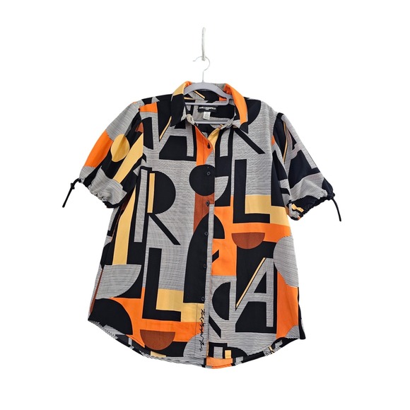 Karl Lagerfeld Paris Tops - Karl Lagerfeld Paris Button Up Blouse Womens M Orange Geometric Logo Drawstring